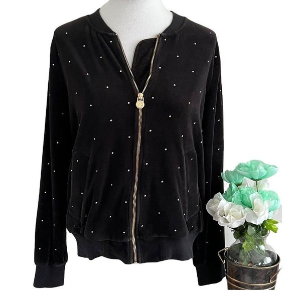 Michael Kors Black Velour Rhinestone Bomber Jacket  Large Black and gold - Picture 11 of 11